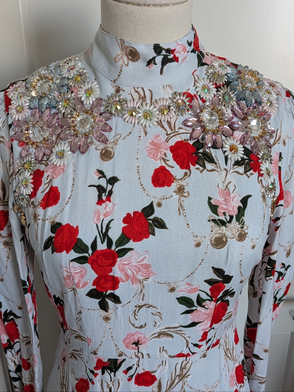 NWT TopShop Light Blue Red Pink Rose Skater Beaded Jewel Floral Dress 4 - Picture 5 of 14